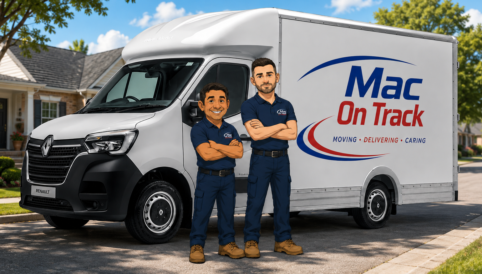Mac on track - cartoon of Mac and Mike in front of their Mac on track luton low loader van Mac on track - cartoon of Mac and Mike in front of their Mac on track luton low loader van